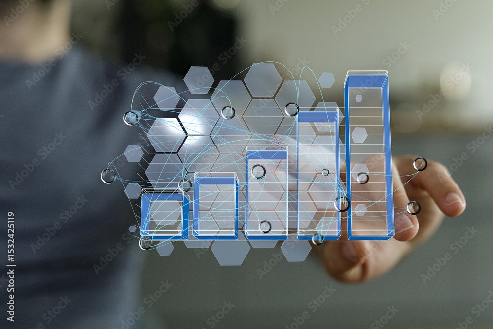 Aufkleber Stock photo of hand interacting with a digital bar chart, representing data analysis and business growth visualization.