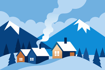 Cozy Winter Village nestled in Snowy Mountains A Serene Landscape Illustration