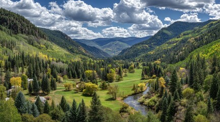 Fototapeta premium Lush Green Valley Under Cloudy Afternoon Sky