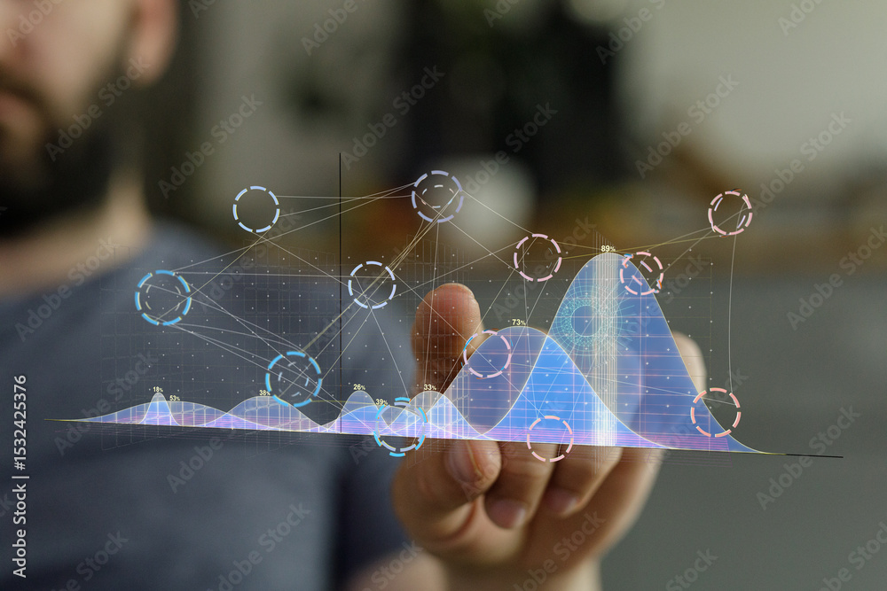 Poster Stock photo of a man interacting with a digital graph, visualizing data analysis and business growth.