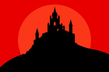 Obraz premium Silhouette of a Majestic Castle on a Crimson Sunset A Dark Fairytale Illustration