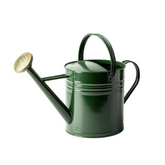 A green watering can with a gold nozzle and a black handle on a black background in a studio shot