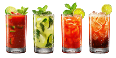 Realistic cocktails in bright colors on white background 4k