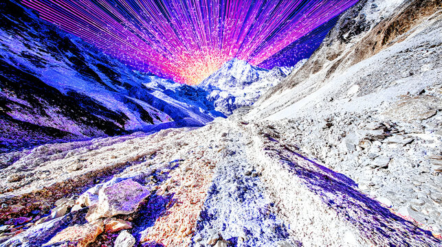 range under glowing auroras with reflective frozen terrain and abstract lights
