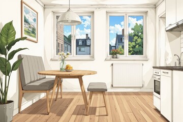 Fototapeta premium Scandinavian small apartment decor with minimalist kitchen, wooden floor, round table, gray chair, plant, large windows. Concept of Scandinavian small apartment decor featuring cozy interior.