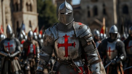 knight in full armor, standing prominently in the foreground. The background is slightly blurred, focusing attention on the knight, the strength and honor of the medieval era.