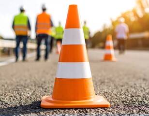 Construction workers and traffic cone