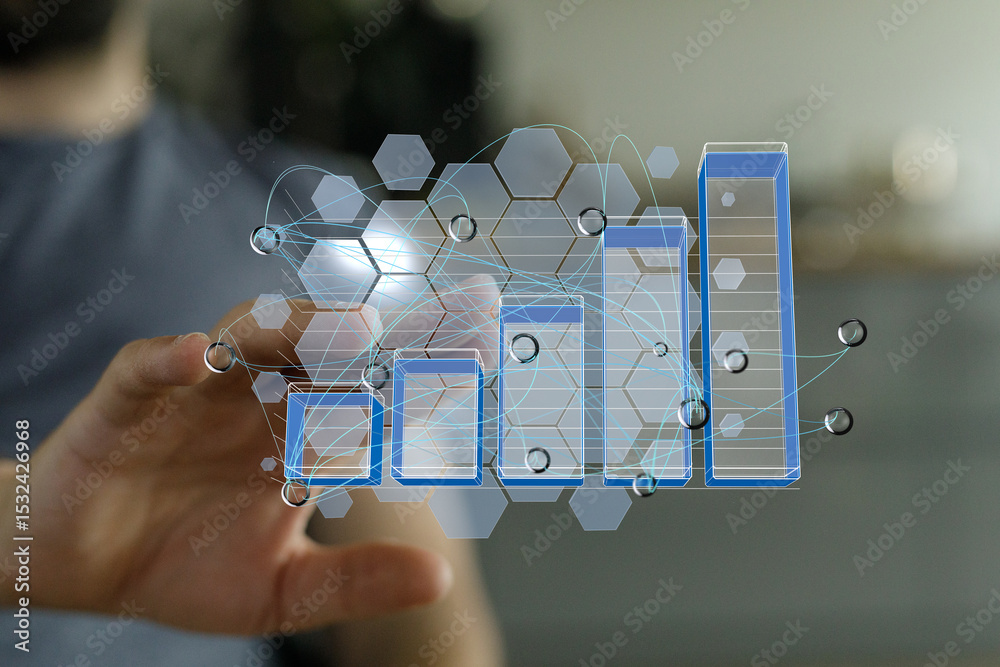 Poster Stock photo of a hand interacting with a digital graph showing business growth and data analysis. Ideal for presentations or reports.