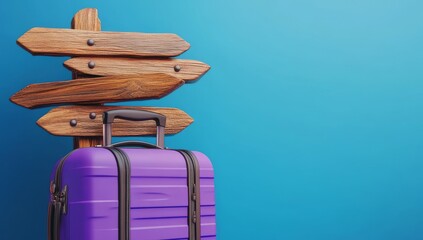 Purple Suitcase And Signpost Mockup Rendered On Blue Background To Represent Summer Leisure Touring Holiday Travel And Explore Vacation Vibes