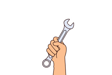 A silver combination wrench held vertically by a hand against a pure white background