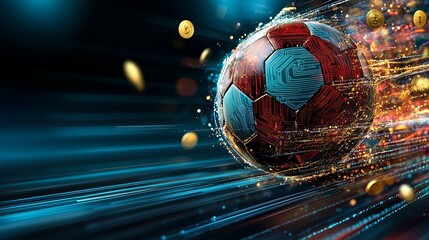 dynamic, colorful depiction of a soccer ball with streaks of light, suggesting motion, energy. vibrant background enhances, sense of speed and excitement. Betting, bet, sport totalisator concept.