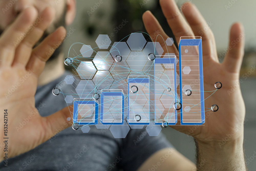 Poster stock photo of a person interacting with a holographic bar chart, illustrating data analysis and bus