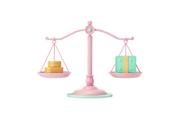 Pink balance scale with golden coins on left side and green money stack on right side, isolated on a transparent background