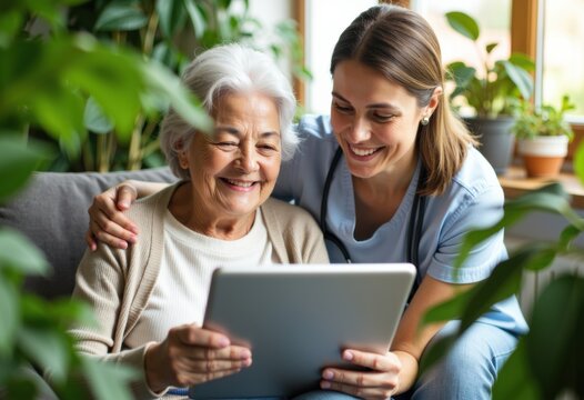 Elderly woman and young caregiver using a tablet together in a bright, green-filled room - Powered by Adobe