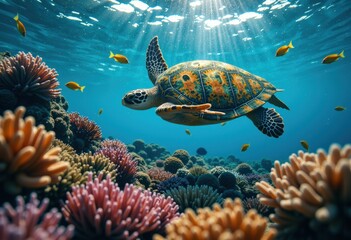 Obraz premium Colorful sea turtle swimming above vibrant coral reef in clear ocean water