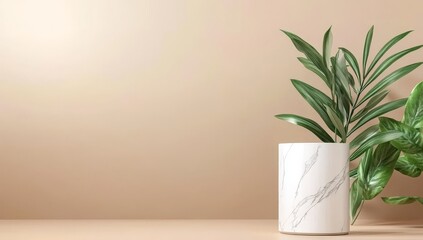 For the purpose of presenting, promoting, and selling cosmetics products, a platform is equipped with a podium boasting soft orange and white tones, geometric designs, and a pedestal made of marble