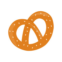 Salty pretzel with sesame seeds. Vector illustration isolated on a white background. Golden-brown, twisted baked snack, perfect for bakery, Oktoberfest, or food-related design projects.