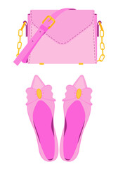 Pink shoes and a lady bag. Flat style.