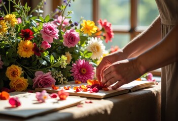 Woman arranging colorful flower petals on a table with vibrant bouquet in natural light