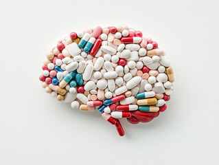 Colorful array of pills arranged in the shape of a human brain