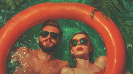 couple in a pool, each peeking through a bright orange float. The water is clear, and the background is lush with tropical plants. Summertime, playtime and relax , concept.