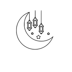 Eid Crescent Moon and Lanterns Line Art SVG