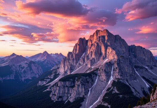 Majestic mountain range under a colorful sunset sky with vibrant clouds