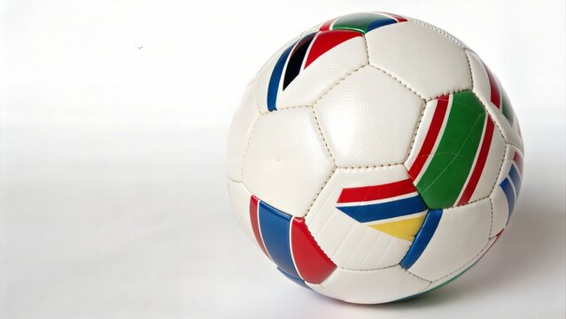 A vibrant multicolored soccer ball rests on a pristine white background showcasing its classic design and textured leather panels perfect for sports themes websites blogs and marketing materials.