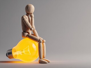 Wooden figure sitting on giant light bulb, symbolizing ideas and creativity