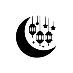 Eid Crescent Moon and Lanterns Line Art SVG