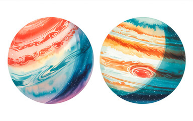 Obraz premium A watercolor illustration of two planets side by side against a white background .
