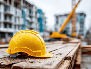 Construction site with a yellow hard hat and machinery in the background