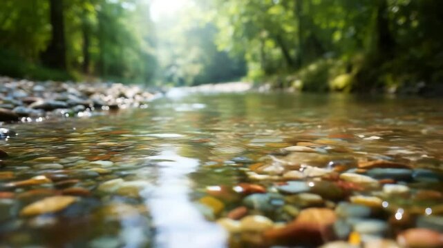 清流に輝くカラフルな小石と水の反射 &ndash; 自然の癒し風景 / AI