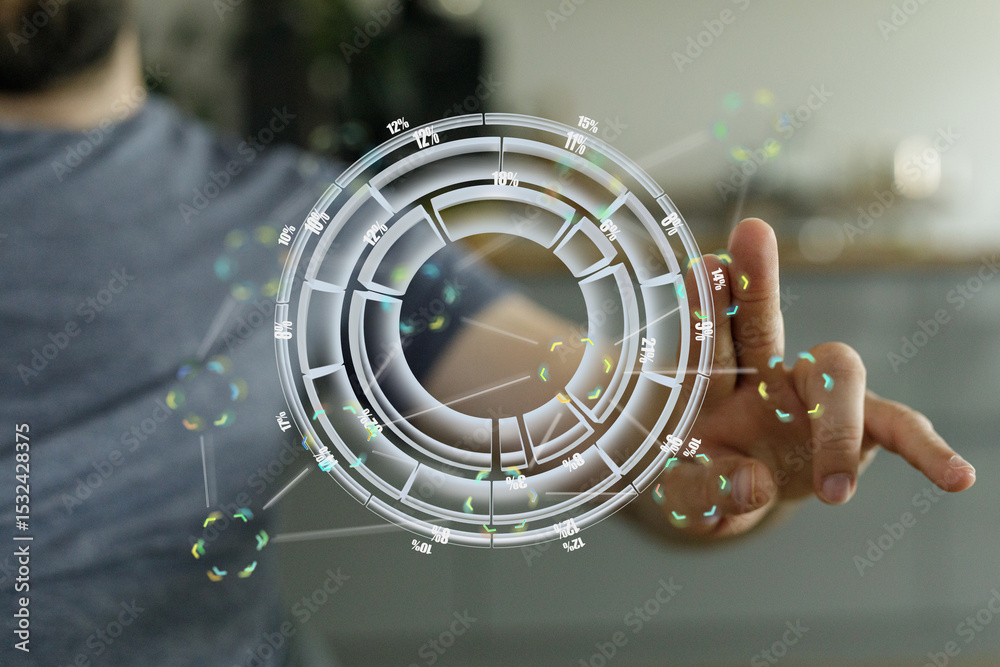 Poster Stock photo of a person using a holographic interface displaying data charts and percentages.