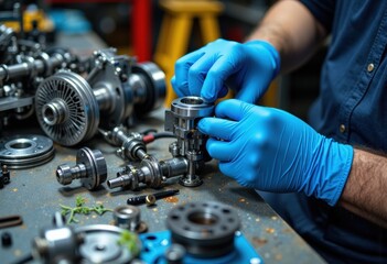Technician in blue gloves assembling mechanical parts on a workbench in a workshop