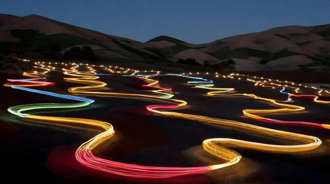 dunes under a starry night sky filled with glowing light trails