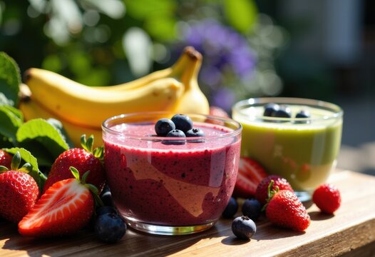 Fresh fruit smoothies with strawberries blueberries and bananas on a sunny outdoor table - Powered by Adobe