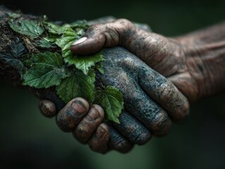 Hands connecting in nature symbolize harmony and unity in the forest