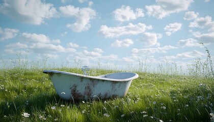 Rusted bathtub resting in a field of flowers under a sunny sky.
