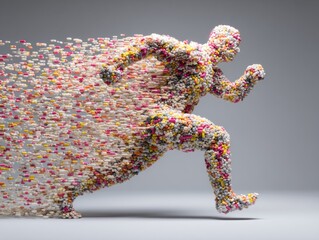 Dynamic figure made of colorful pills illustrates speed and movement