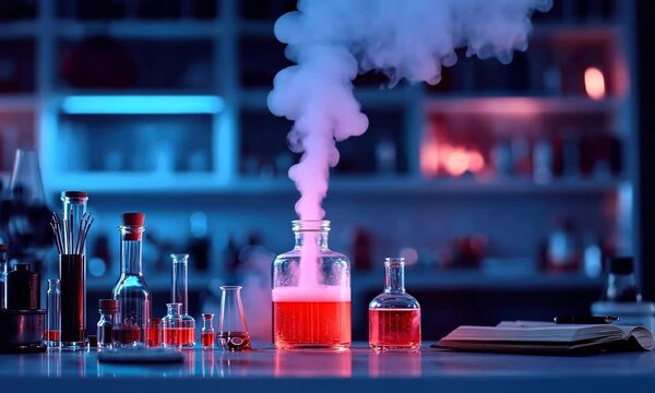 Colorful smoke rises from potion bottles in a dimly lit laboratory atmosphere