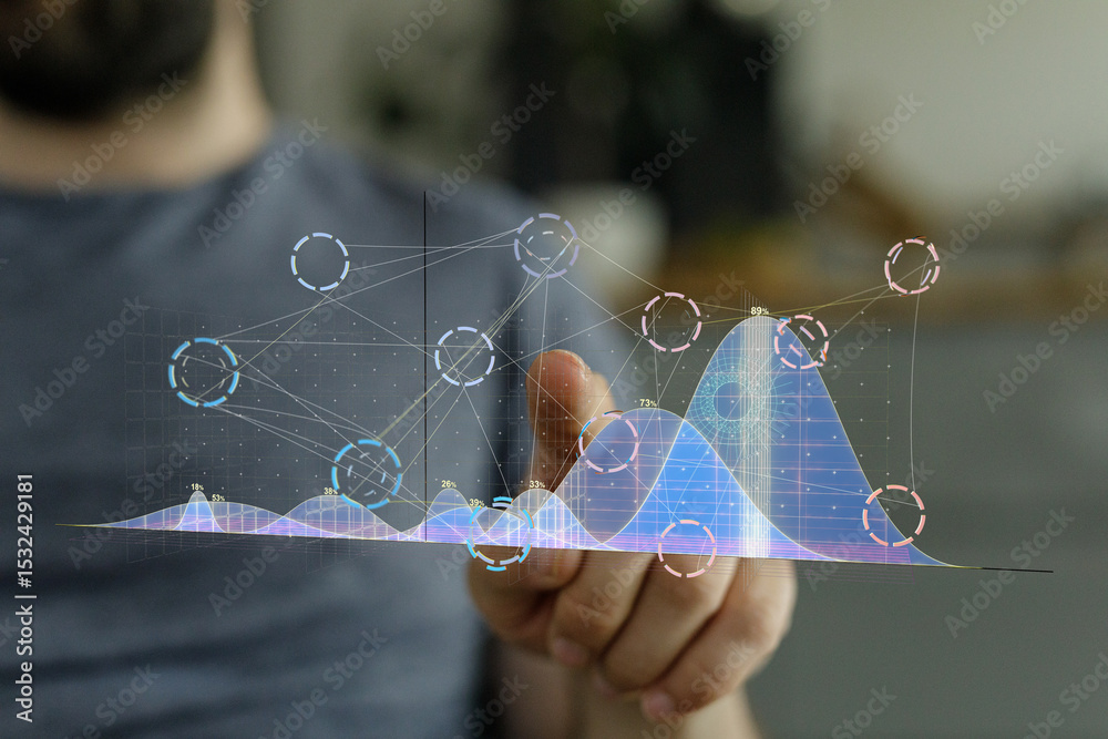 Aufkleber Close-up of a person interacting with a holographic display showing data graphs and charts. Perfect for technology, business, and data analysis concepts.