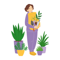 Woman shopping in garden store in flat cartoon design. Happy buyer holds soil mix package, seedling in cup, spray bottle and other gardener tools, standing by green plants in pots. Vector illustration