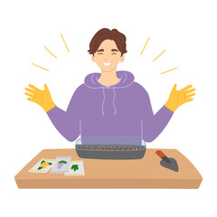 Man sowing seeds in spring in flat cartoon design. Happy gardener waiting flower seedlings in growing box. Gardening tools, plant germination at springtime and farming equipment. Vector illustration