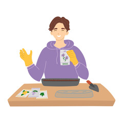 Man sowing seeds in spring in flat cartoon design. Happy gardener holding paper package with flower seeds and preparing growing tray with soil for planting. Gardening and farming. Vector illustration