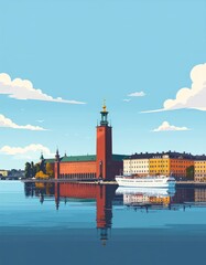 skyline silhouette of the city of helsinki, picturesque waterfront cityscape with historic buildings and a prominent tower. clear blue sky and calm water create a peaceful, inviting atmosphere.