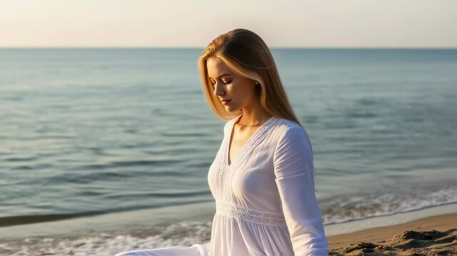 Woman meditating at beach sunset wearing white tunic eyes closed. Mindfulness wellness practice. Use for yoga retreats, meditation apps, spiritual healing content