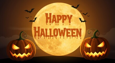 Happy halloween greeting card with jack o lanterns and full moon