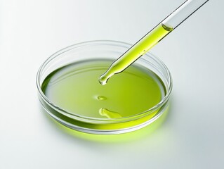 Green liquid in petri dish with dropper during laboratory experiment