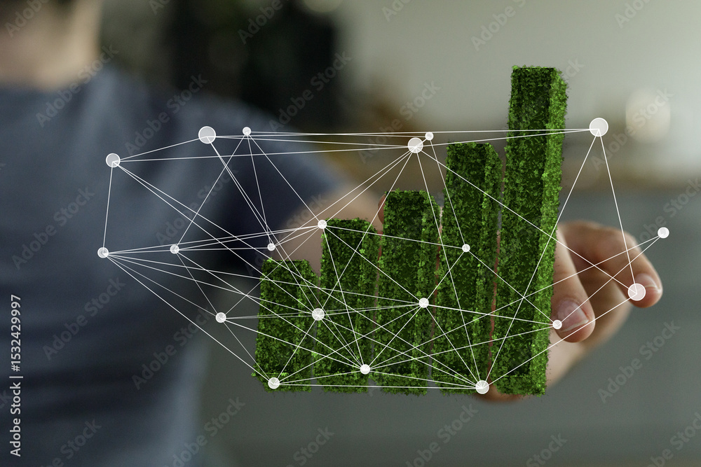 Poster Image of a person interacting with a 3D graph representing sustainable growth and environmental responsibility.